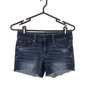 American Eagle Dark Wash Denim Shortie Shorts Size 2 Super Stretch Raw Hem